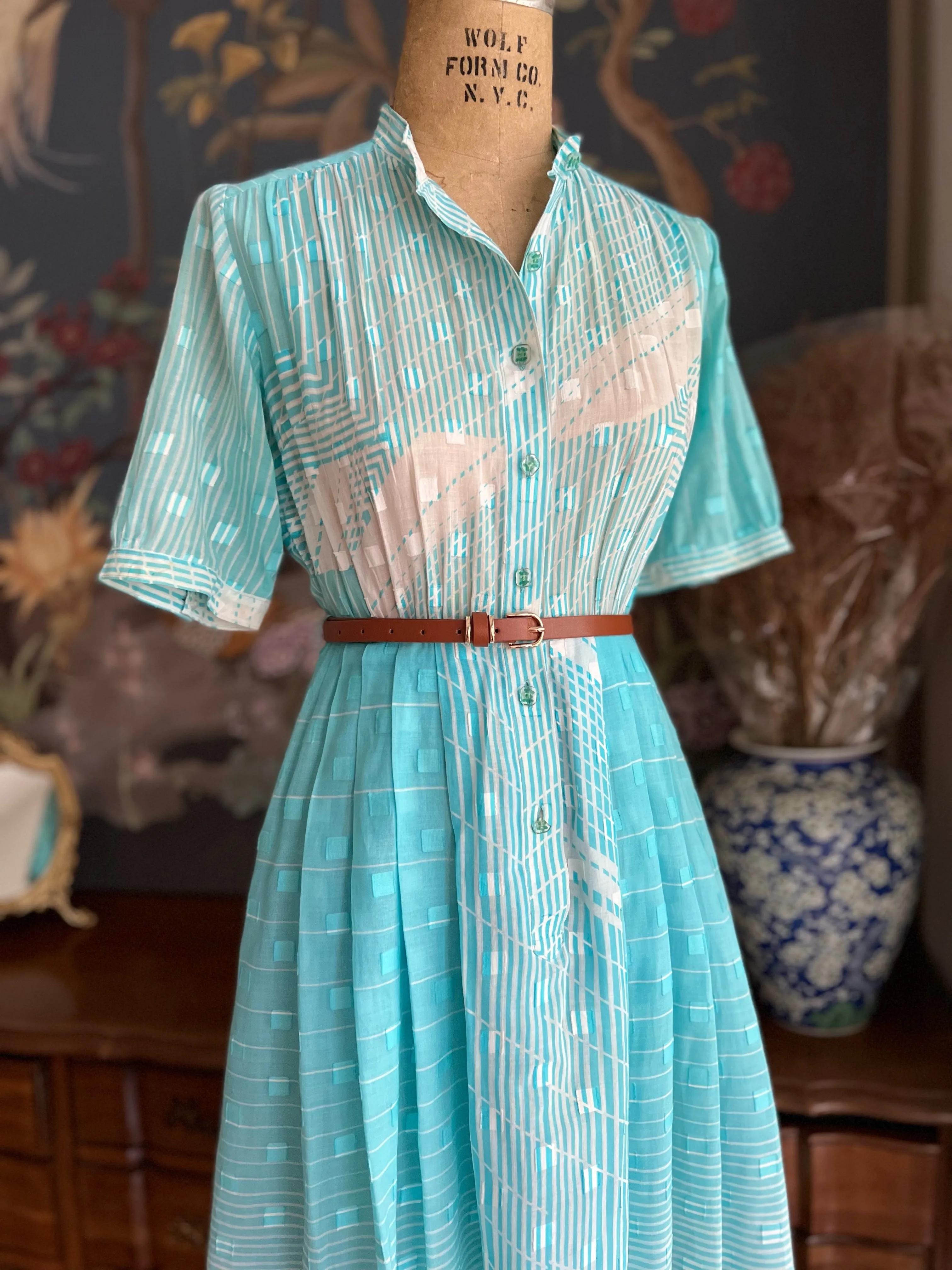 1950s Blue White Geometric Wave Embossed Pattern Dress MEDIUM