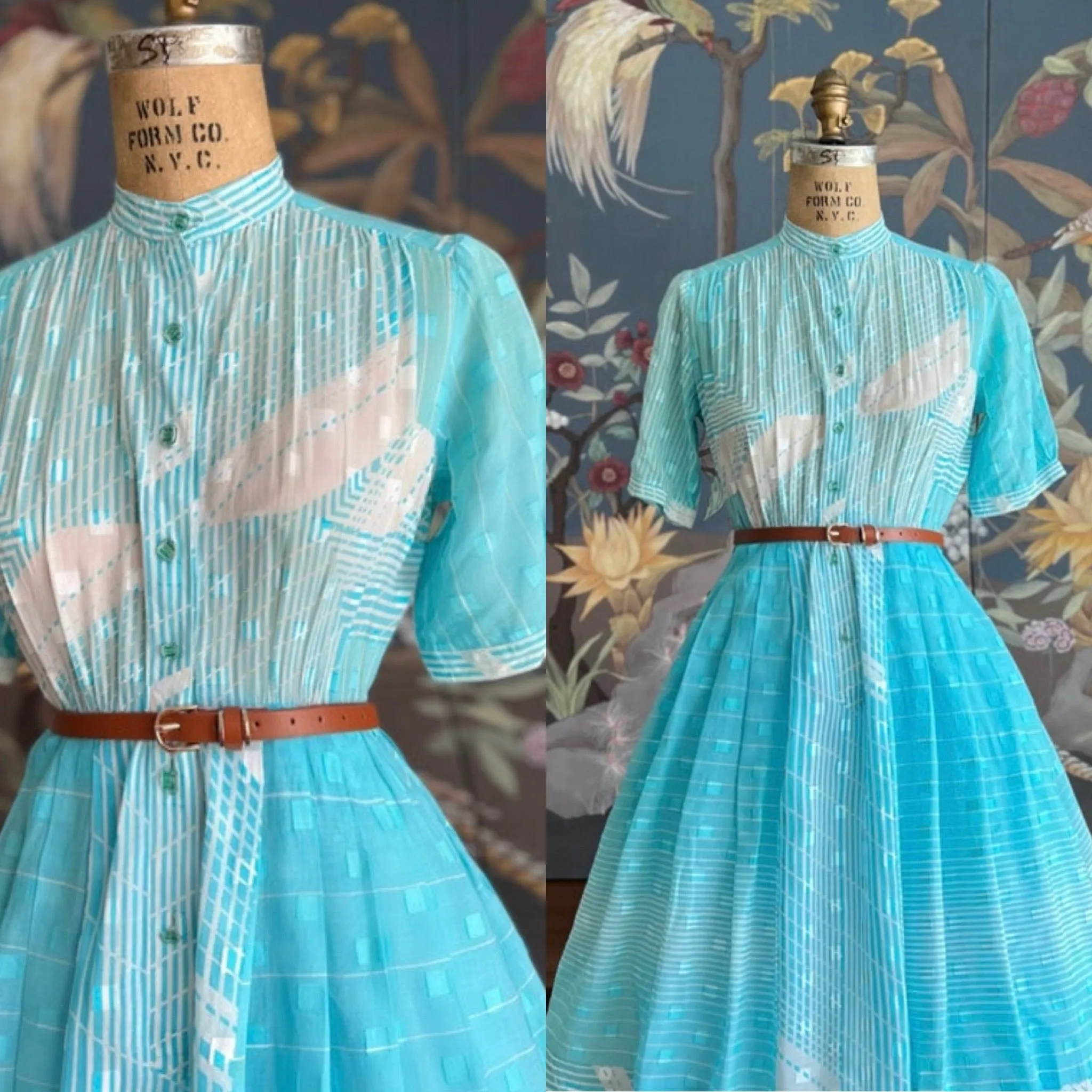 1950s Blue White Geometric Wave Embossed Pattern Dress MEDIUM