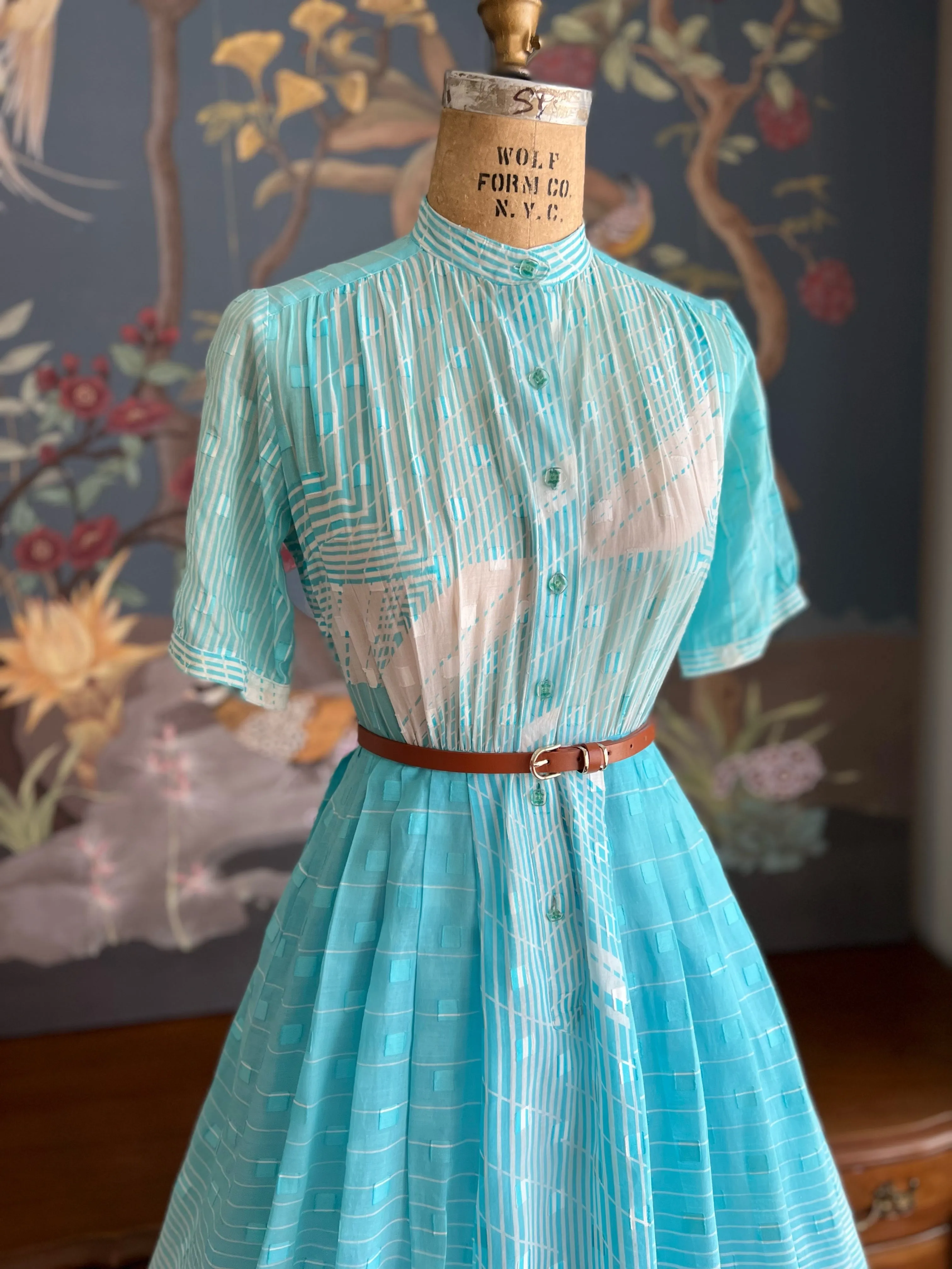 1950s Blue White Geometric Wave Embossed Pattern Dress MEDIUM