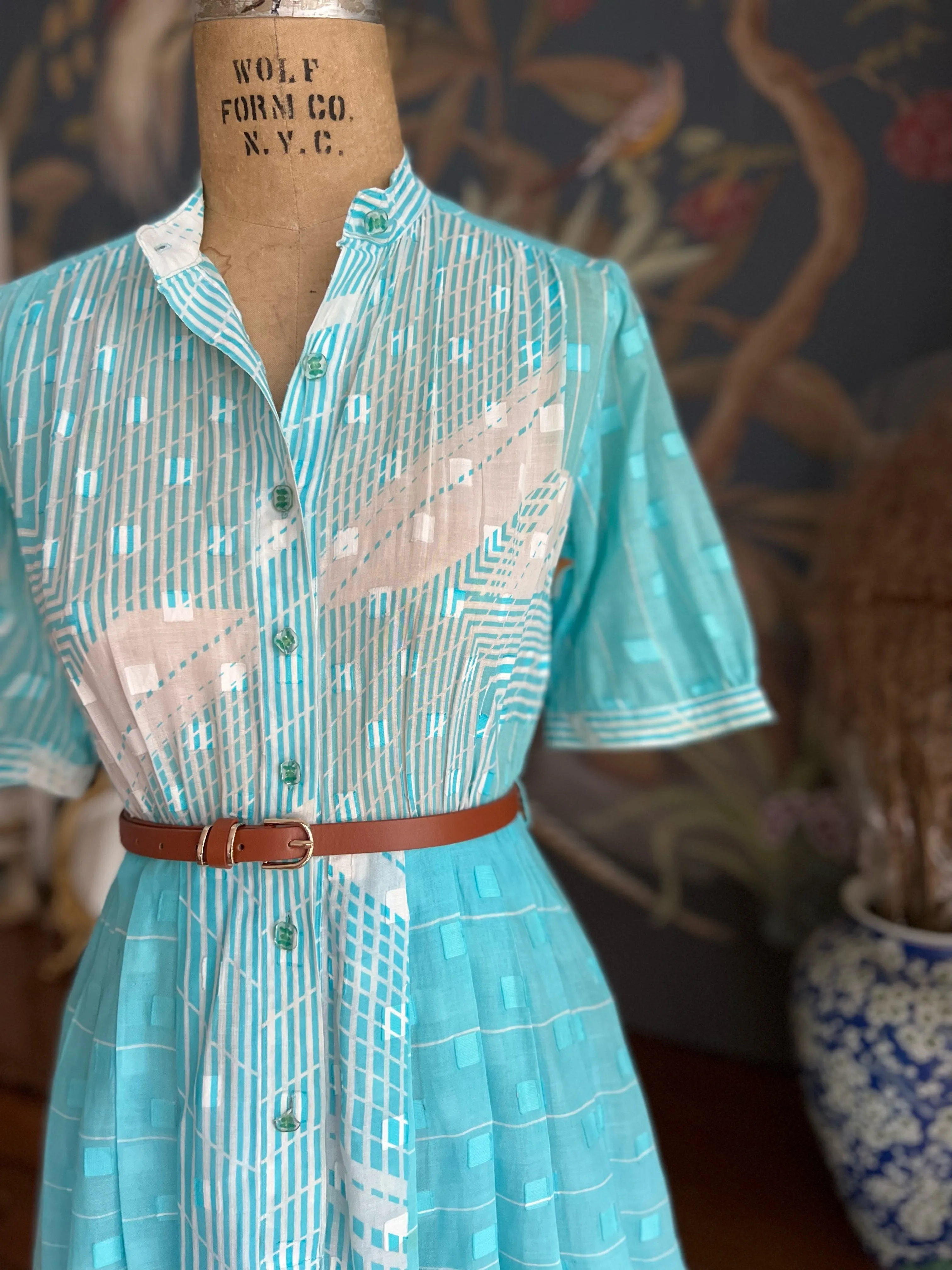 1950s Blue White Geometric Wave Embossed Pattern Dress MEDIUM