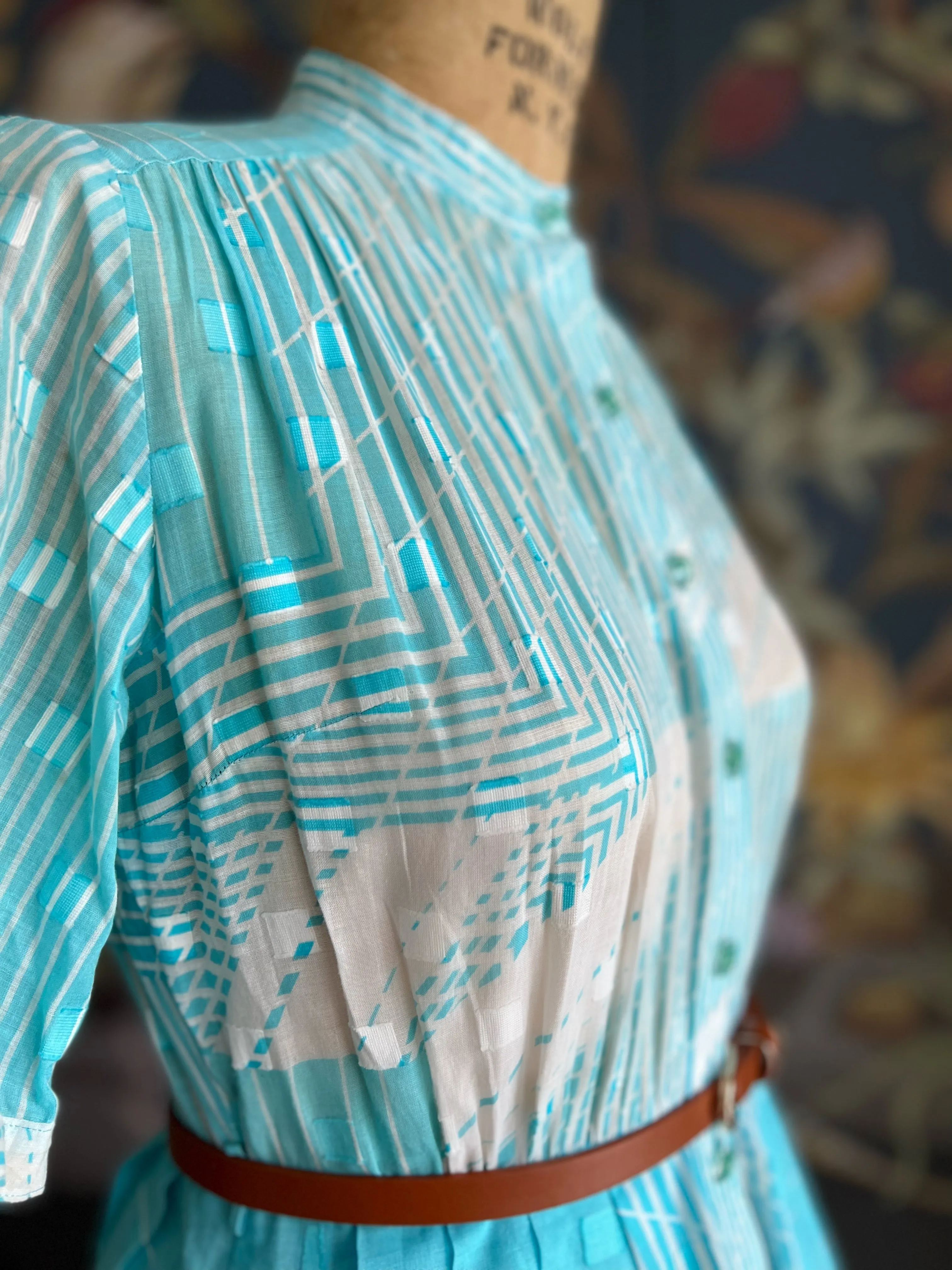 1950s Blue White Geometric Wave Embossed Pattern Dress MEDIUM