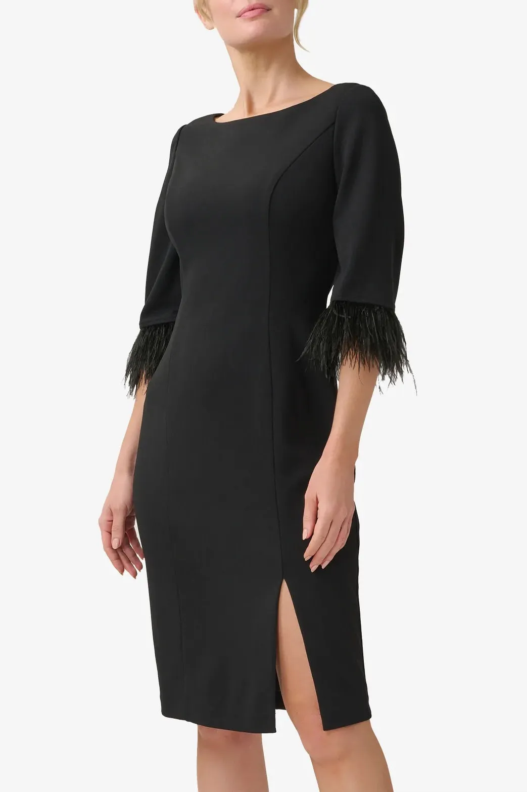 Adrianna Papell Boat Neck 3/4 Sleeve Feather Trim Embellishment Back Zipper Midi Dress (Petite)