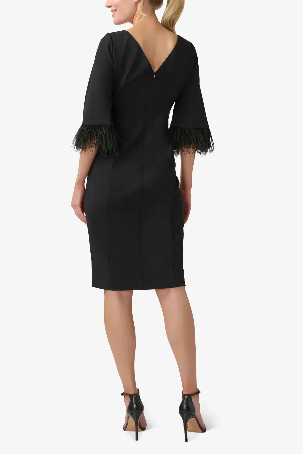 Adrianna Papell Boat Neck 3/4 Sleeve Feather Trim Embellishment Back Zipper Midi Dress (Petite)