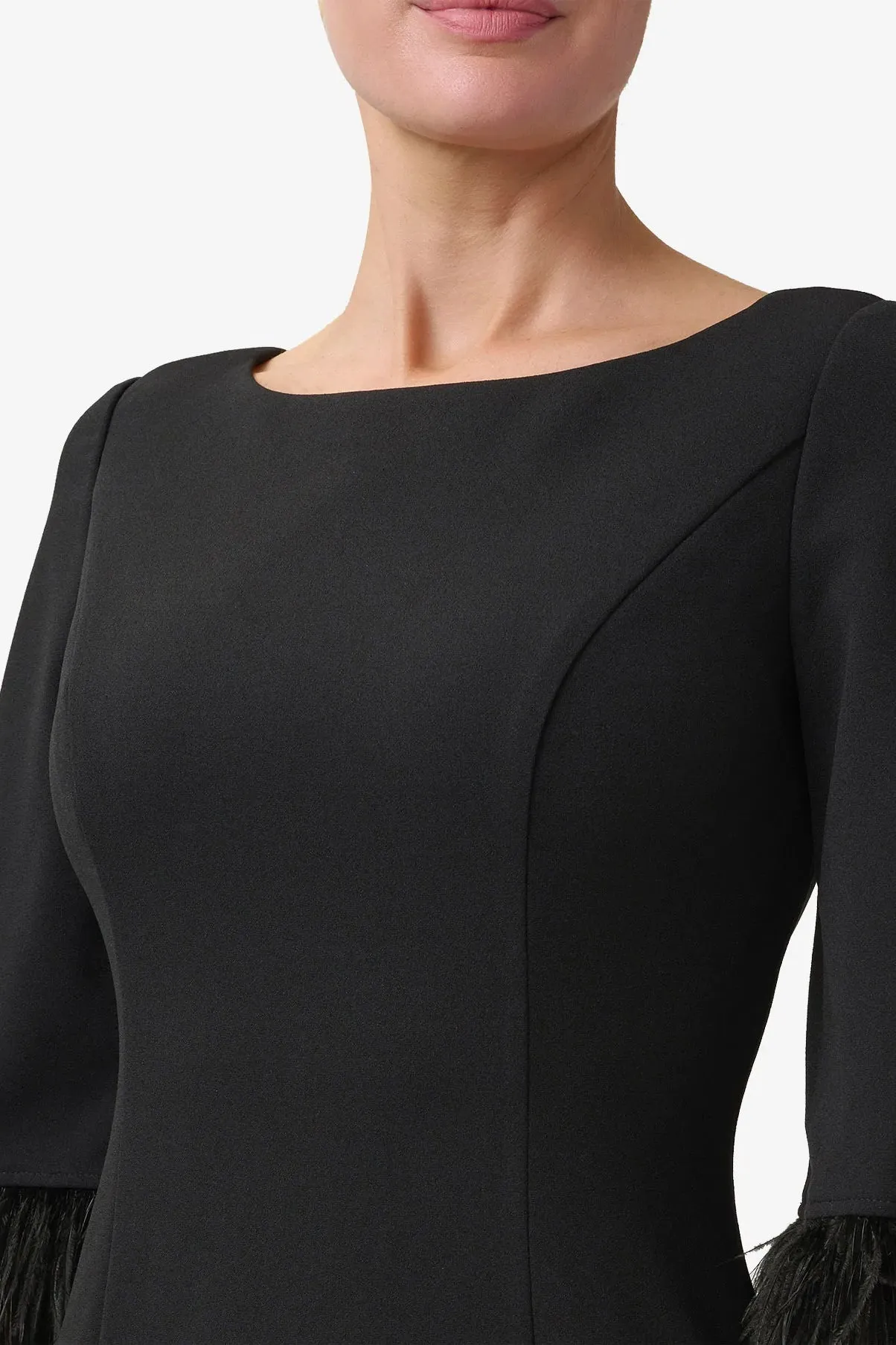 Adrianna Papell Boat Neck 3/4 Sleeve Feather Trim Embellishment Back Zipper Midi Dress (Petite)
