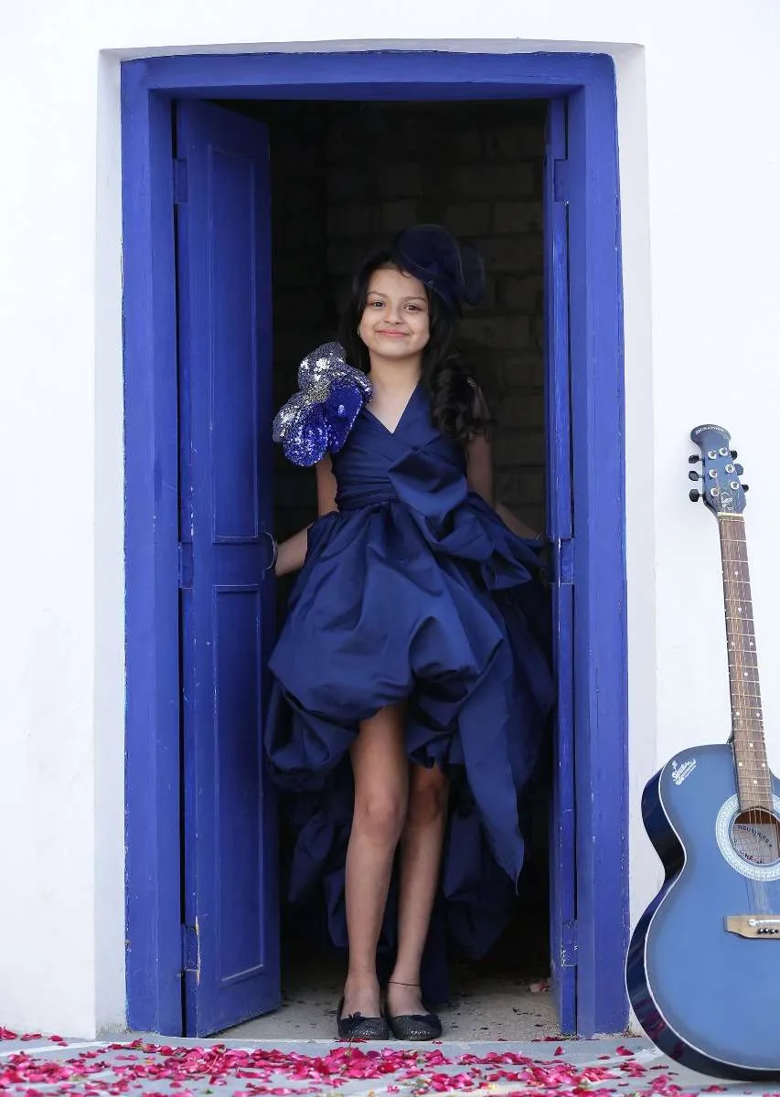 Blue Balloon Dress In Taffeta With High Low Hemline And 3D Sequins Flowers Online - Kalki Fashion