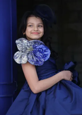 Blue Balloon Dress In Taffeta With High Low Hemline And 3D Sequins Flowers Online - Kalki Fashion