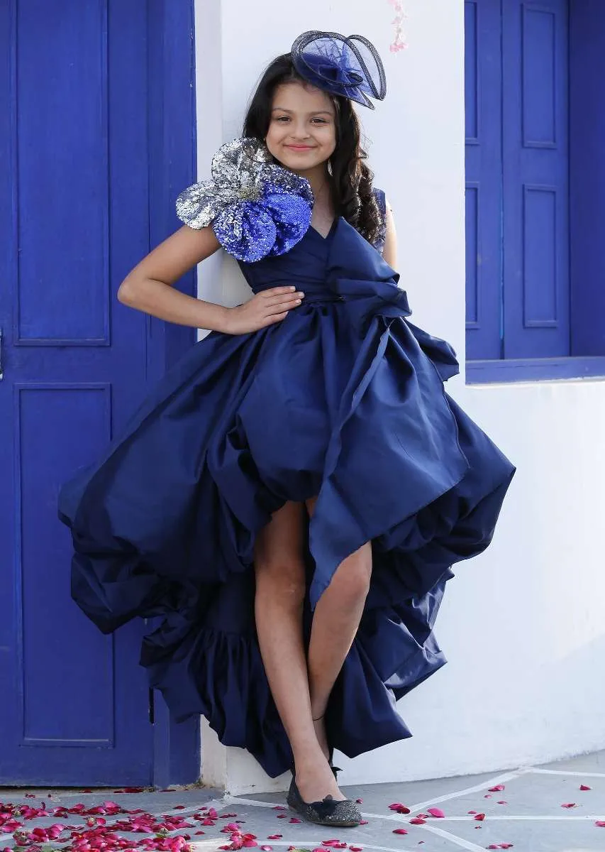 Blue Balloon Dress In Taffeta With High Low Hemline And 3D Sequins Flowers Online - Kalki Fashion