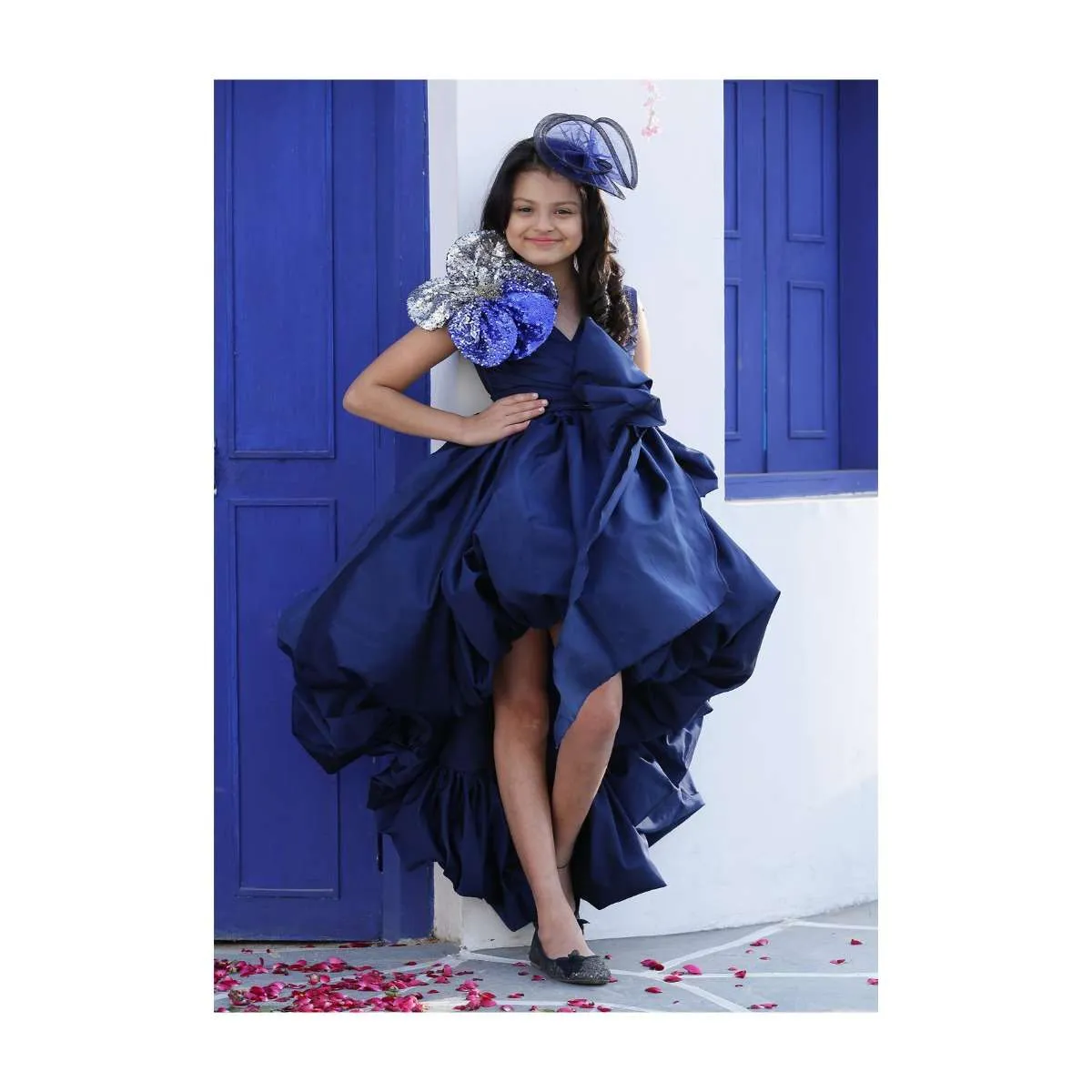 Blue Balloon Dress In Taffeta With High Low Hemline And 3D Sequins Flowers Online - Kalki Fashion
