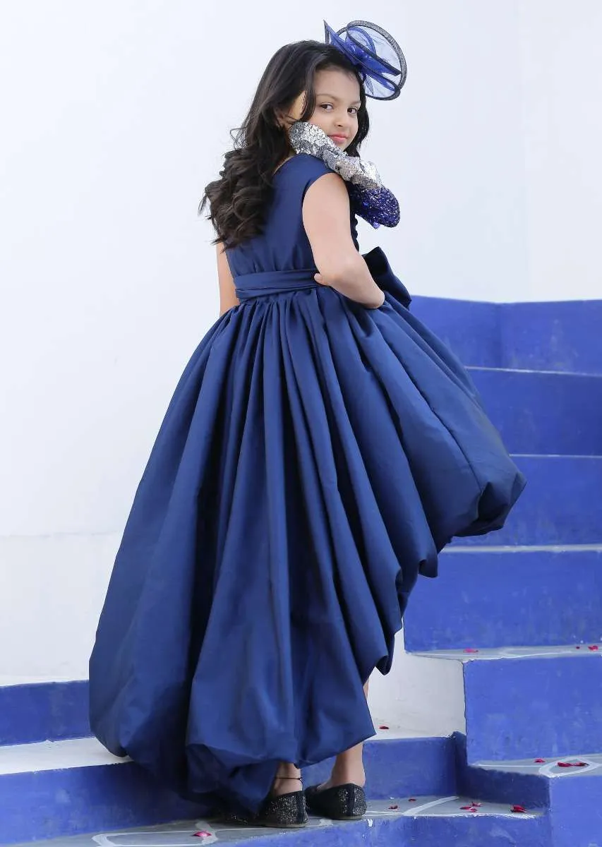 Blue Balloon Dress In Taffeta With High Low Hemline And 3D Sequins Flowers Online - Kalki Fashion