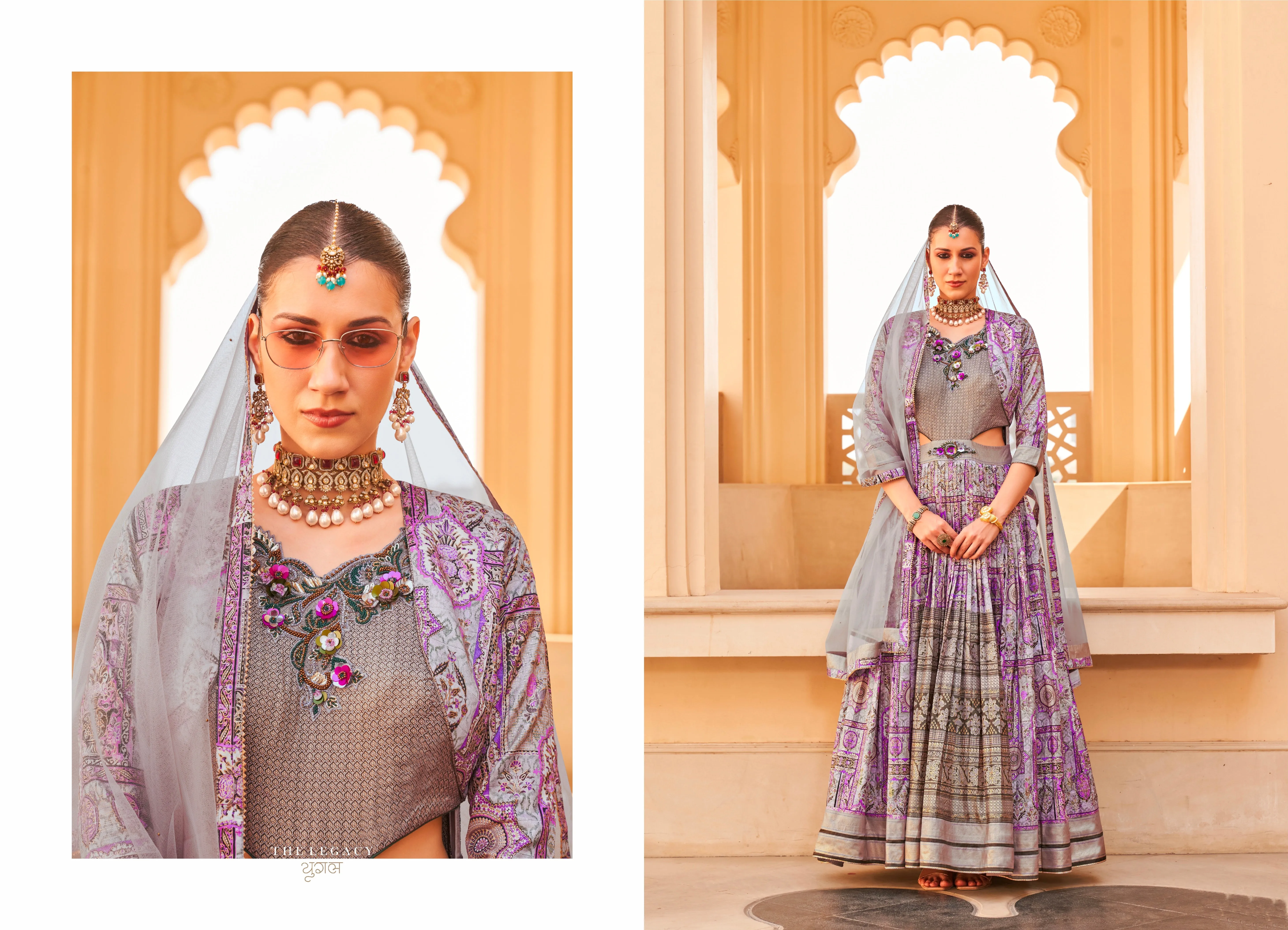 Glamorous Foil Print Silk Gown with Elegant Net Dupatta