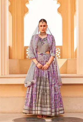 Glamorous Foil Print Silk Gown with Elegant Net Dupatta