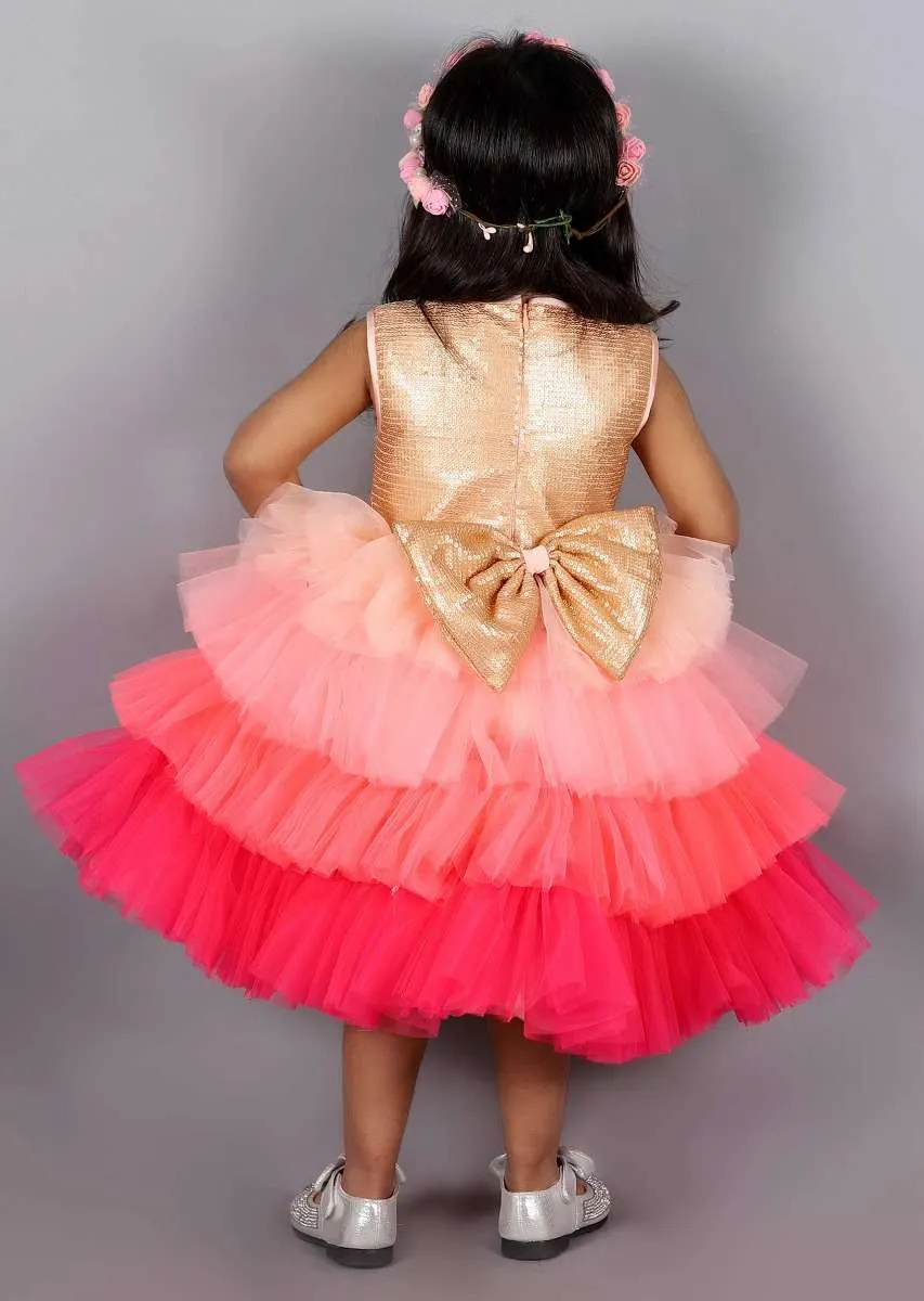 Gold And Pink Dress With Ombre Net Layers And Golden Sequins Bodice Online - Kalki Fashion