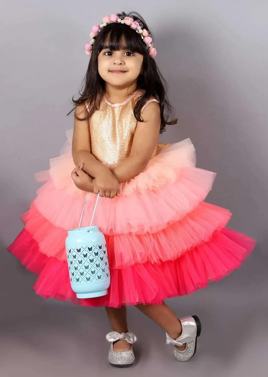 Gold And Pink Dress With Ombre Net Layers And Golden Sequins Bodice Online - Kalki Fashion