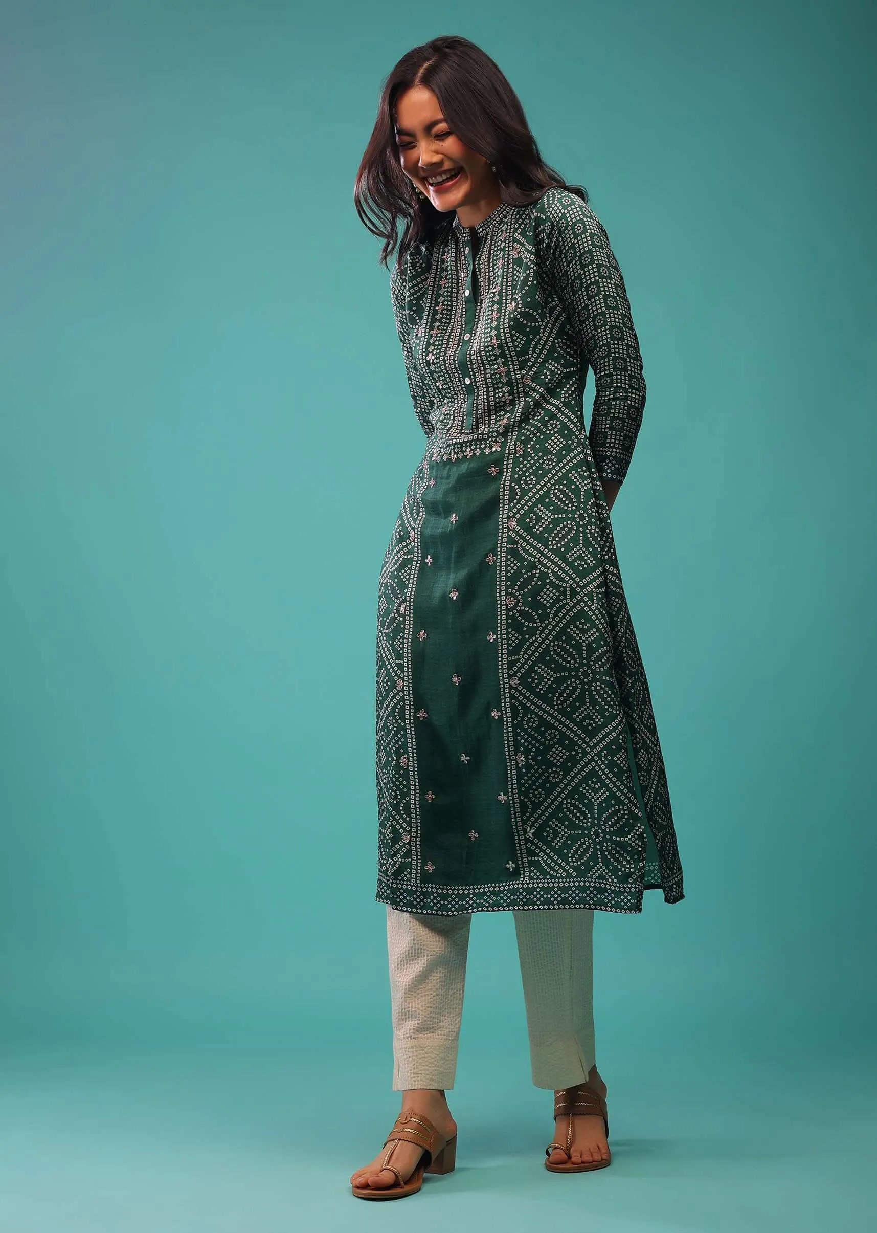 June Green Kurti In Cotton Silk With Zardozi Work