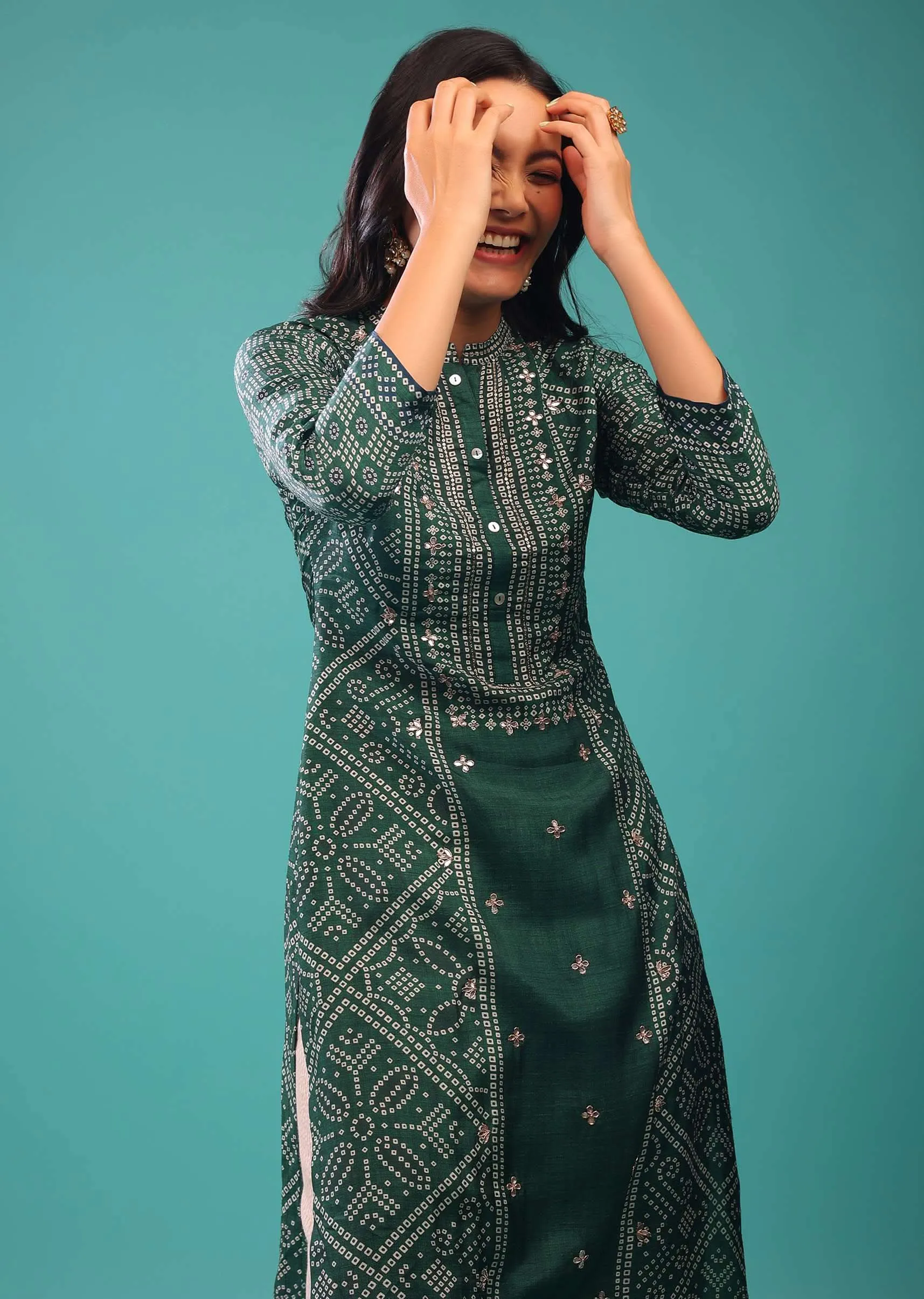 June Green Kurti In Cotton Silk With Zardozi Work