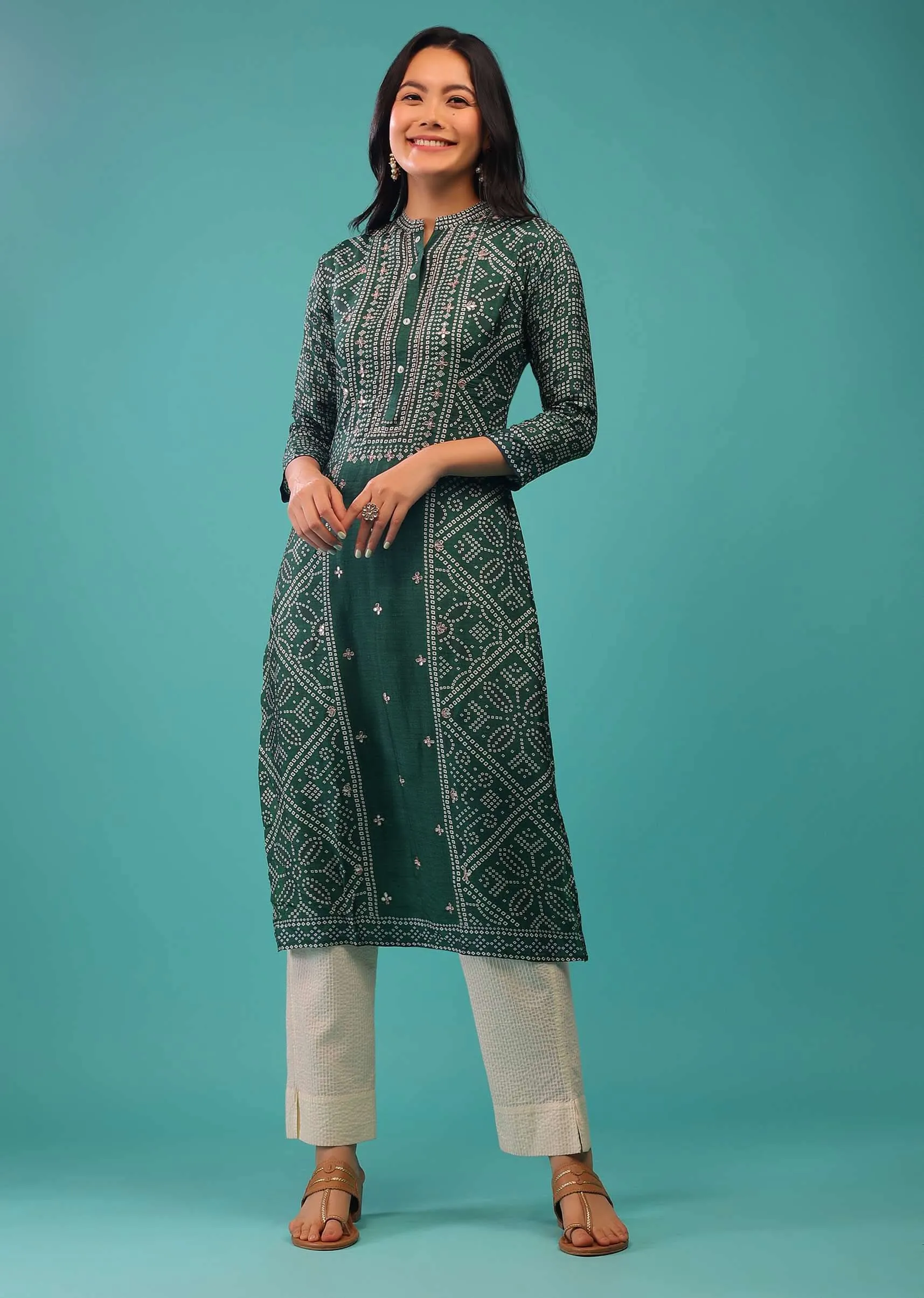 June Green Kurti In Cotton Silk With Zardozi Work