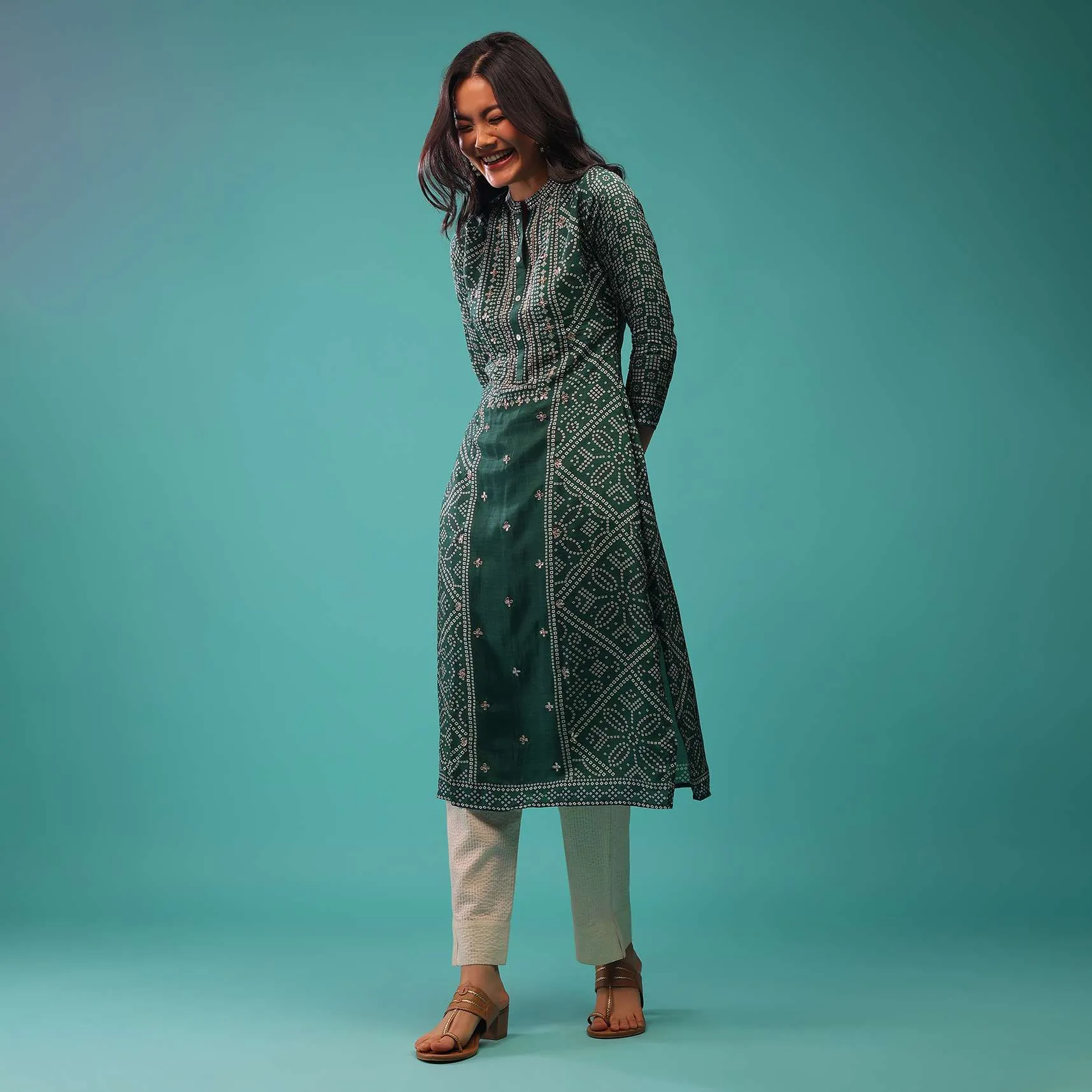June Green Kurti In Cotton Silk With Zardozi Work