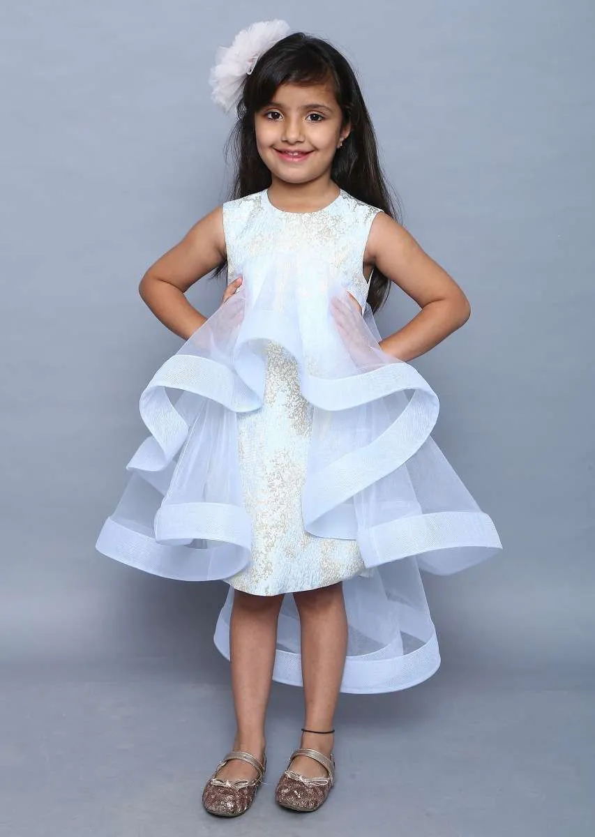 Light Blue Dress In Jacquard With High Low Attached Layer Online - Kalki Fashion