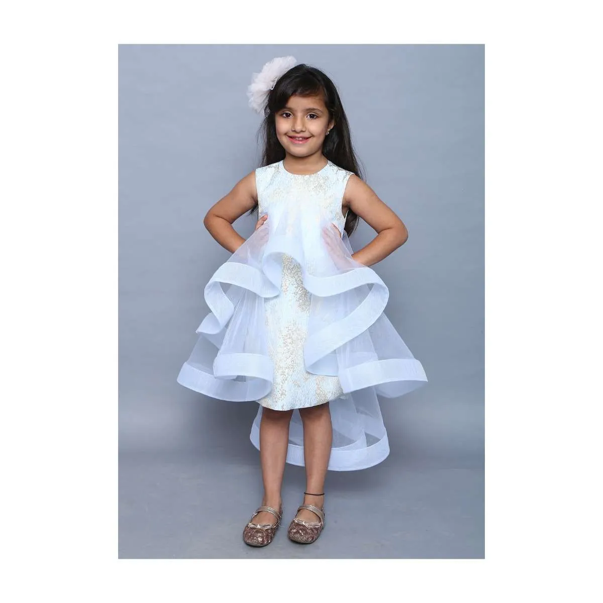 Light Blue Dress In Jacquard With High Low Attached Layer Online - Kalki Fashion
