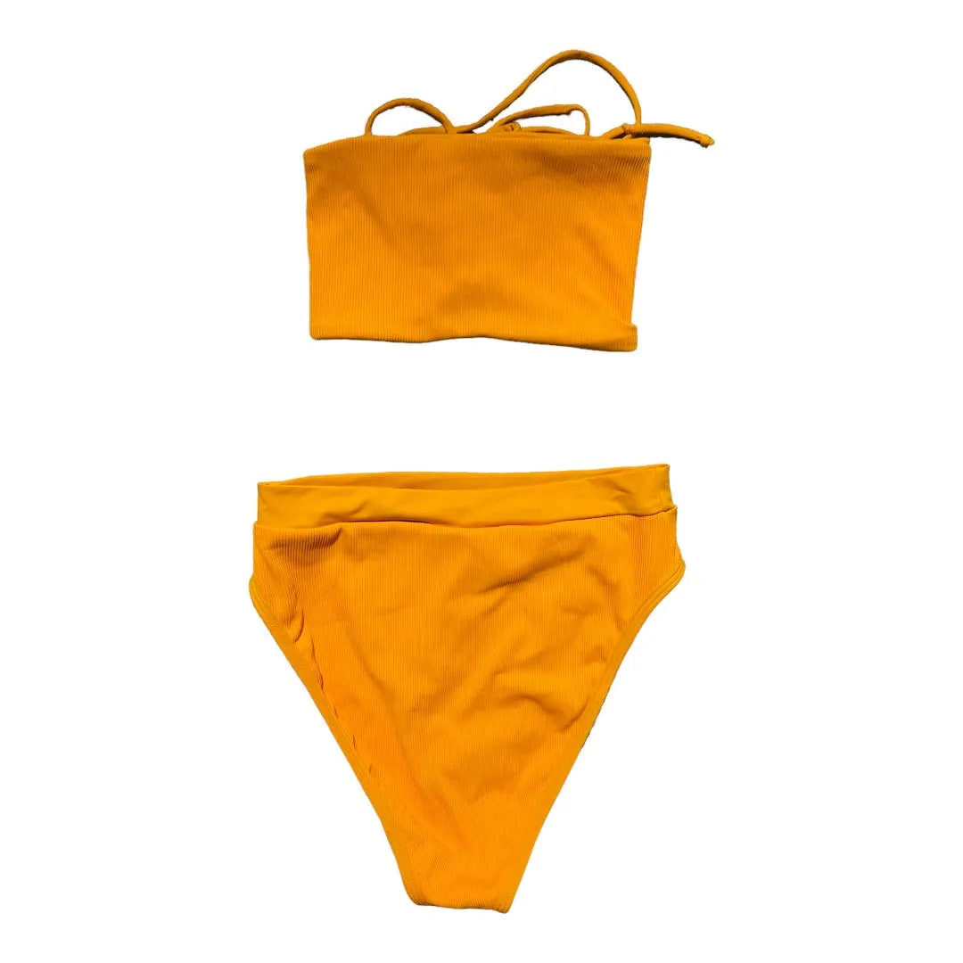 L*SPACE Ribbed Beach Wave Bandeau Top Frenchi High Waist Bikini Bottom Yellow New