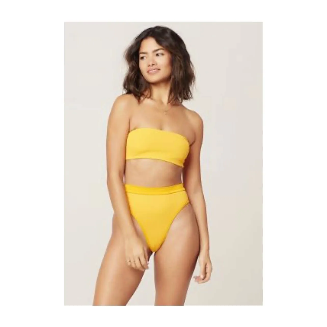 L*SPACE Ribbed Beach Wave Bandeau Top Frenchi High Waist Bikini Bottom Yellow New