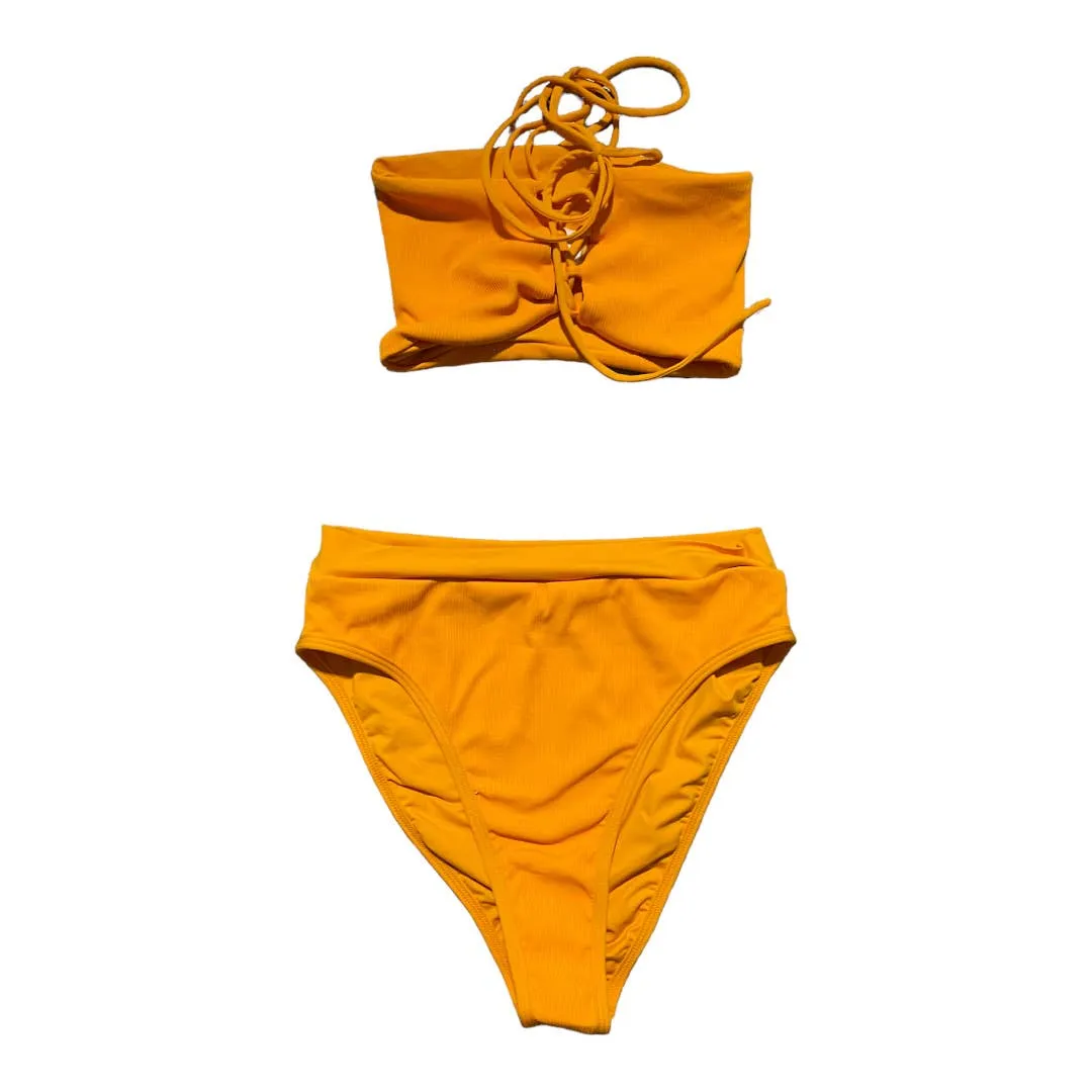 L*SPACE Ribbed Beach Wave Bandeau Top Frenchi High Waist Bikini Bottom Yellow New