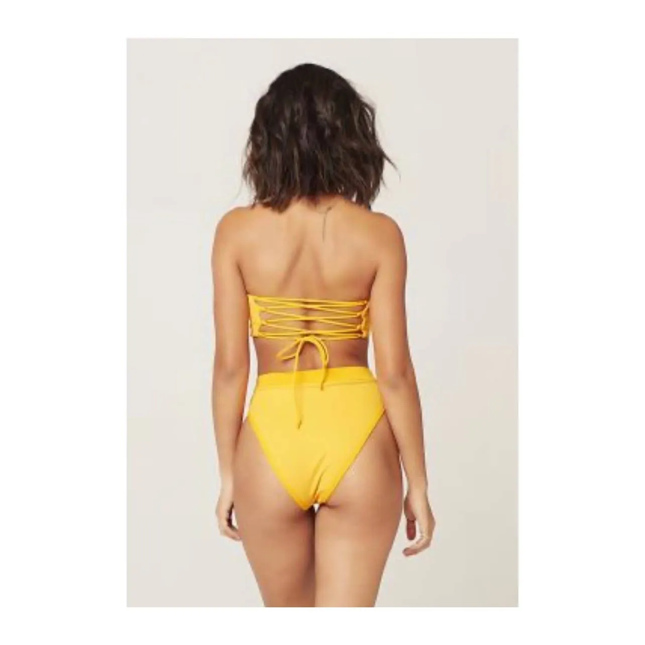 L*SPACE Ribbed Beach Wave Bandeau Top Frenchi High Waist Bikini Bottom Yellow New