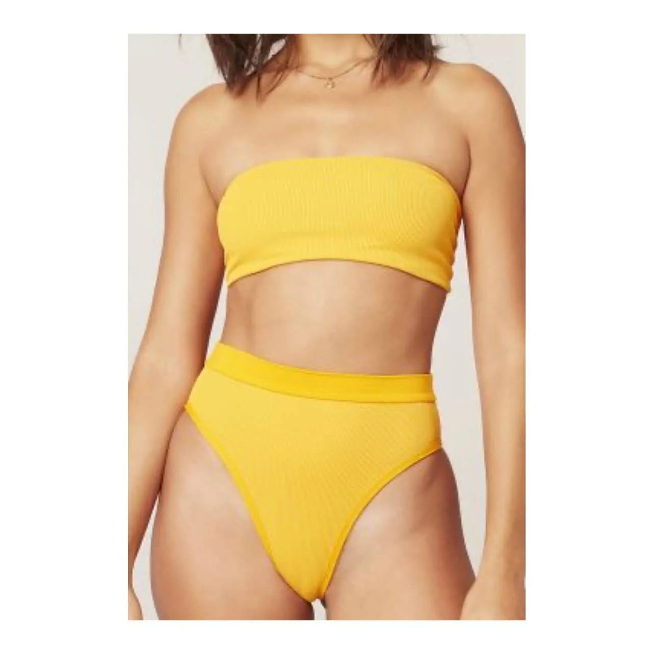 L*SPACE Ribbed Beach Wave Bandeau Top Frenchi High Waist Bikini Bottom Yellow New