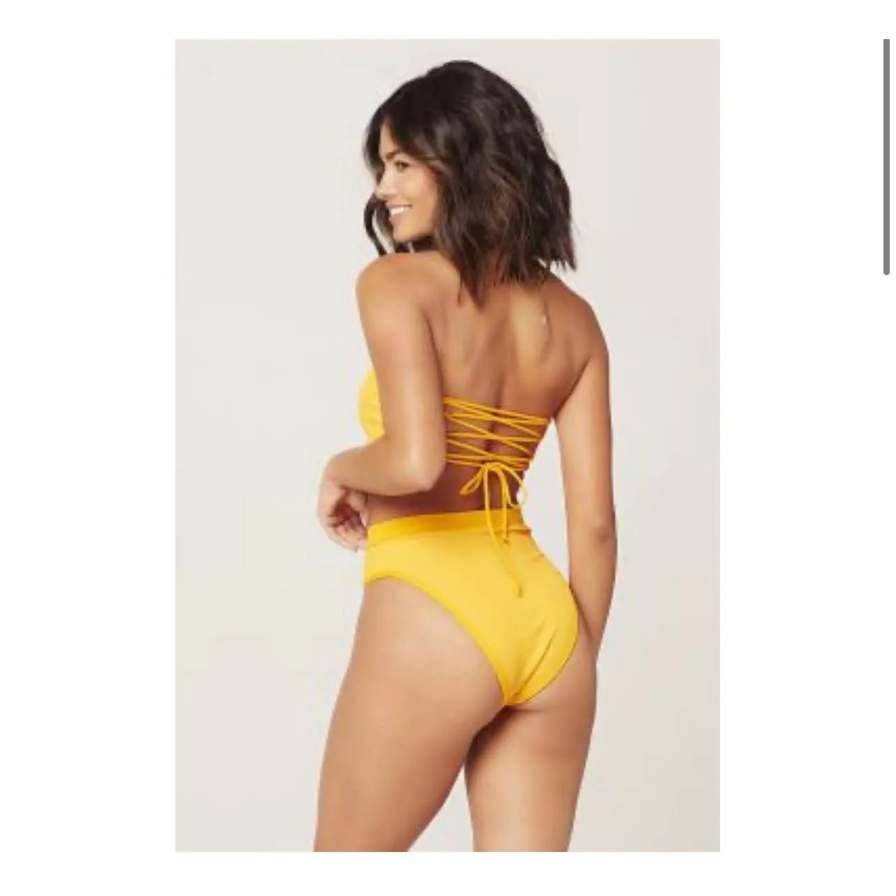 L*SPACE Ribbed Beach Wave Bandeau Top Frenchi High Waist Bikini Bottom Yellow New