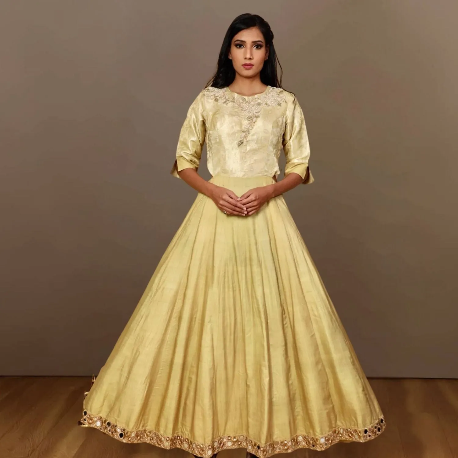 Meher Tussar Silk Waist Cut-Out Gown | Hand-Crafted | Graceful Evening Wear | Golden