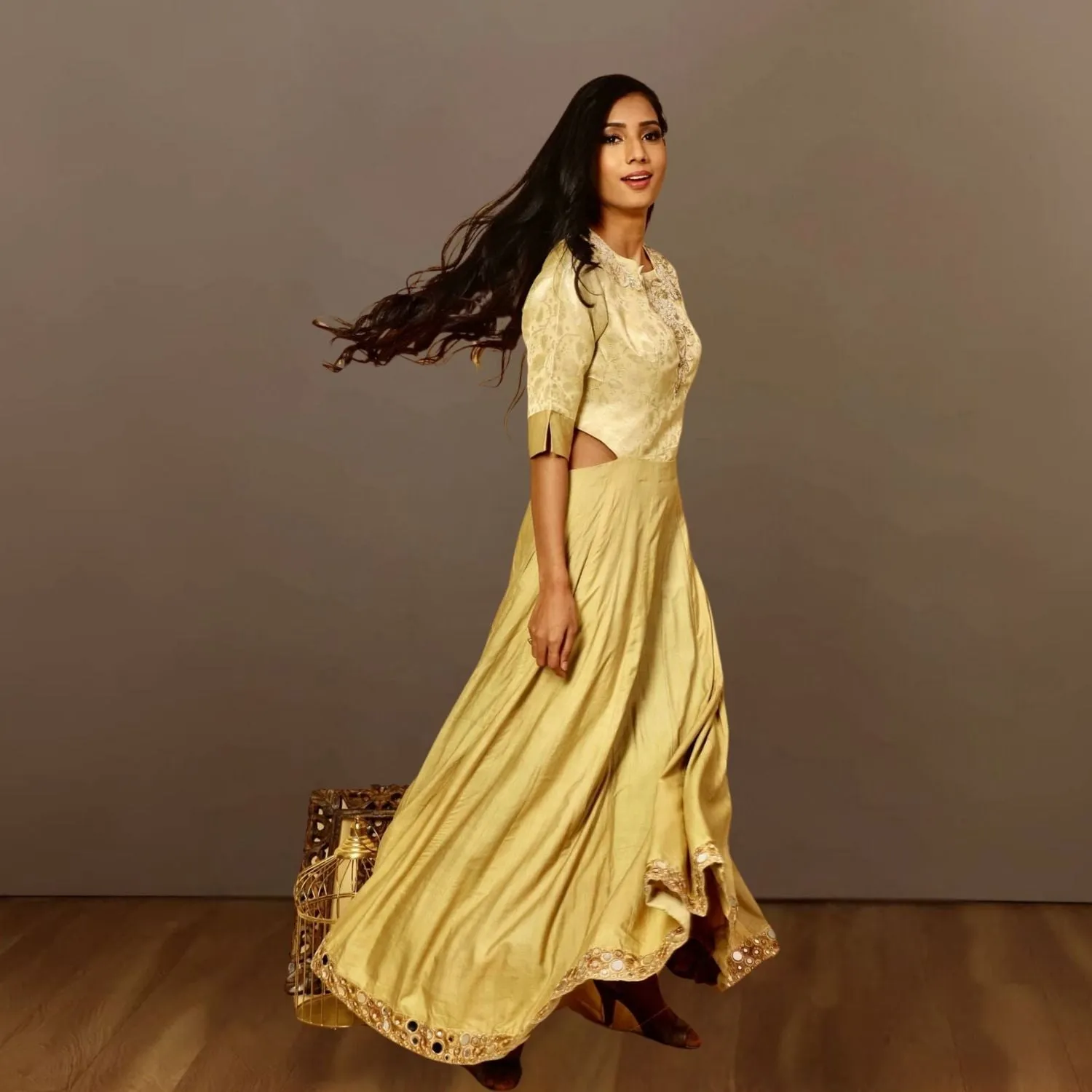 Meher Tussar Silk Waist Cut-Out Gown | Hand-Crafted | Graceful Evening Wear | Golden
