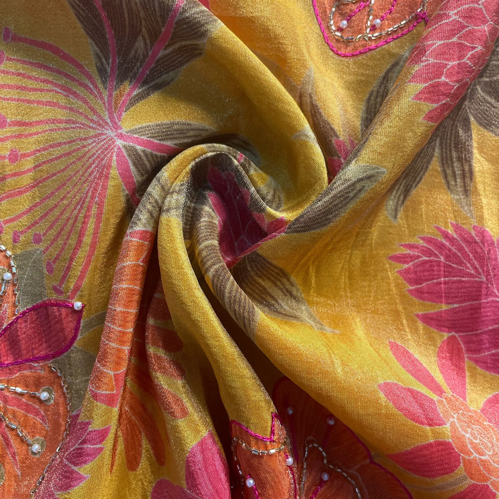 Mustard Floral Cutdana Embroidery Tissue Fabric 17986