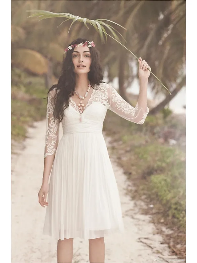 Reception Open Back Little White Dresses Wedding Dresses A-Line V Neck 3/4 Length Sleeve Knee Length Chiffon Bridal Gowns With Ruched 2023 Summer Wedding Party, Women's Clothing