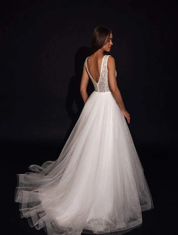 Sleeveless Plunging V-Neck A-Line Wedding Dress