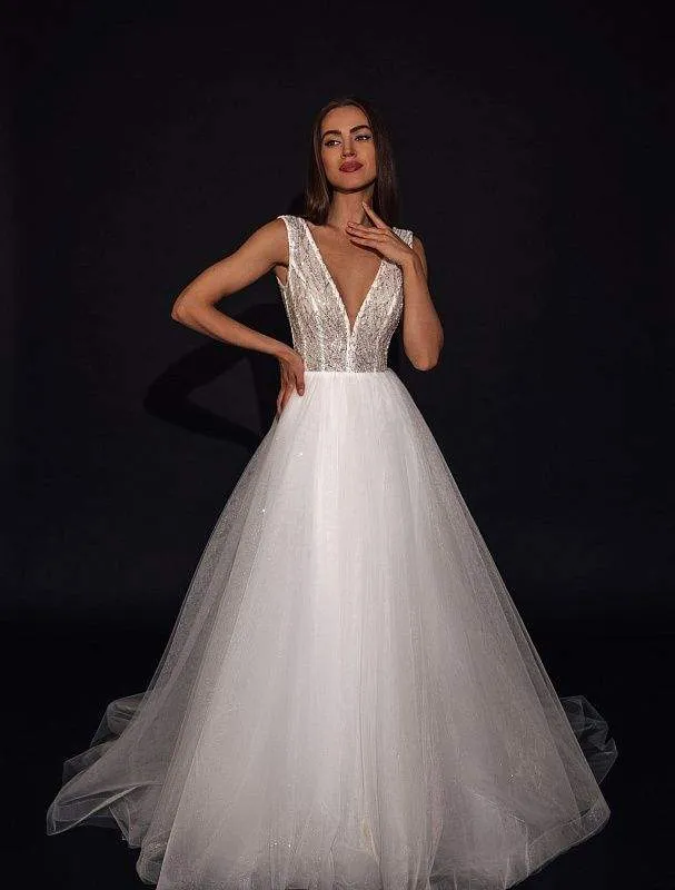Sleeveless Plunging V-Neck A-Line Wedding Dress