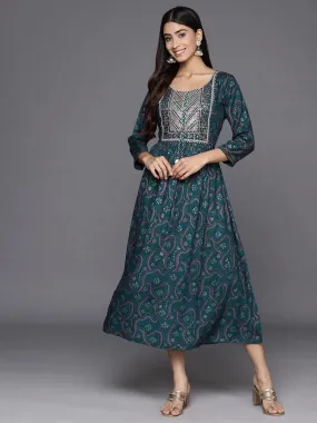 Teal Printed Rayon Fit and Flare Dress
