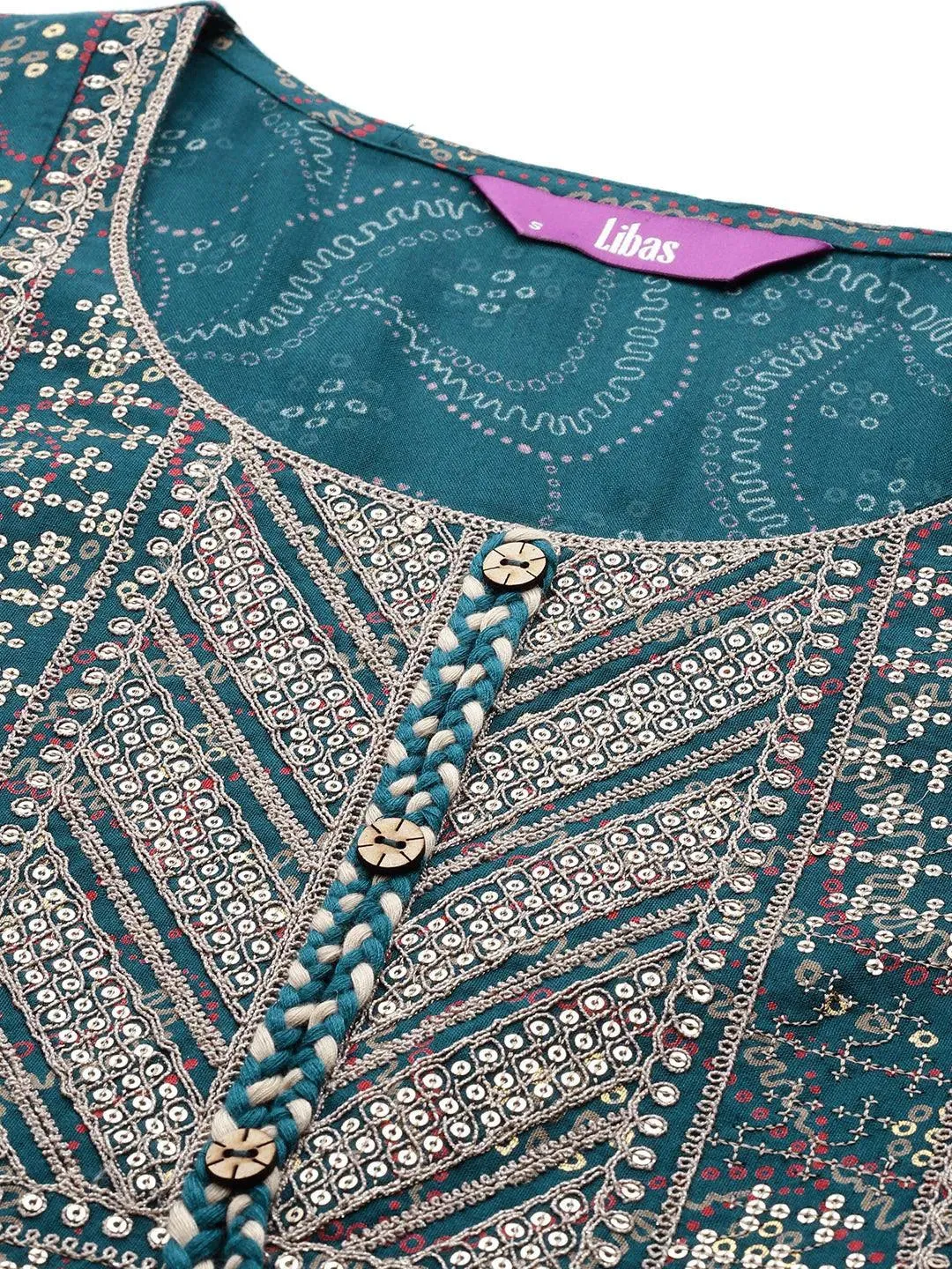 Teal Printed Rayon Fit and Flare Dress