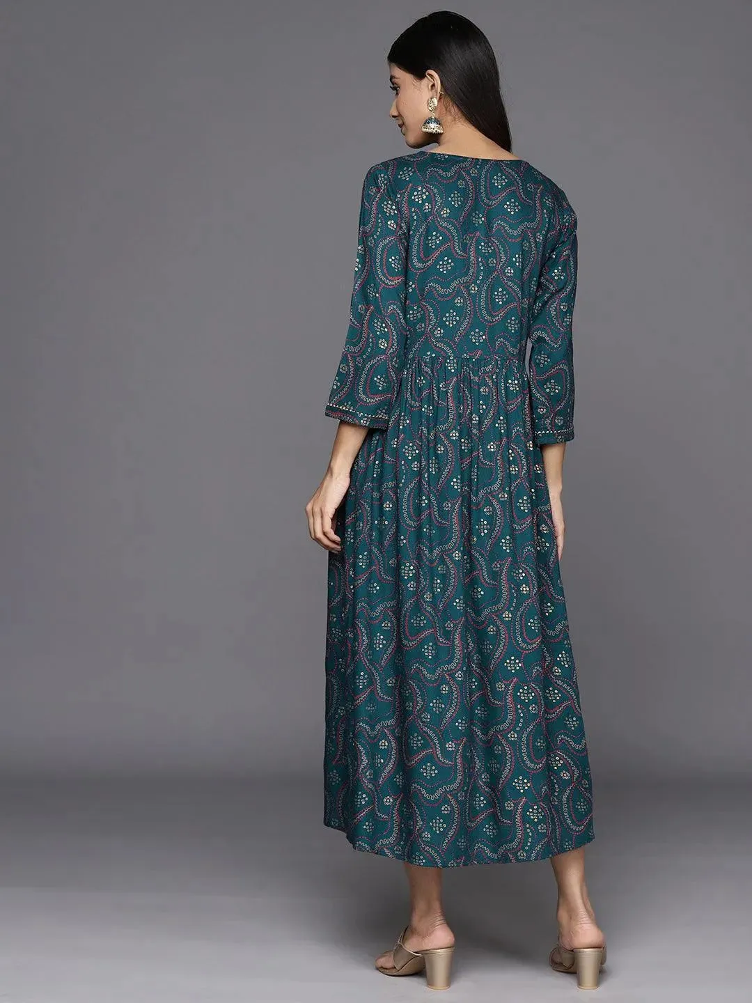 Teal Printed Rayon Fit and Flare Dress