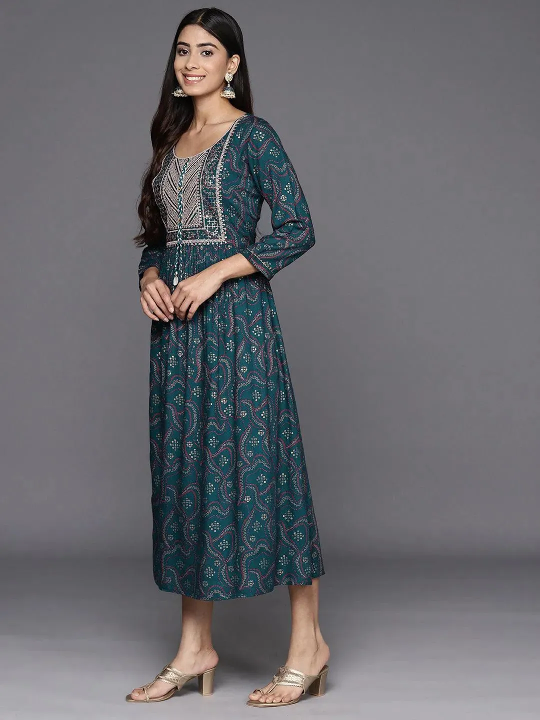 Teal Printed Rayon Fit and Flare Dress