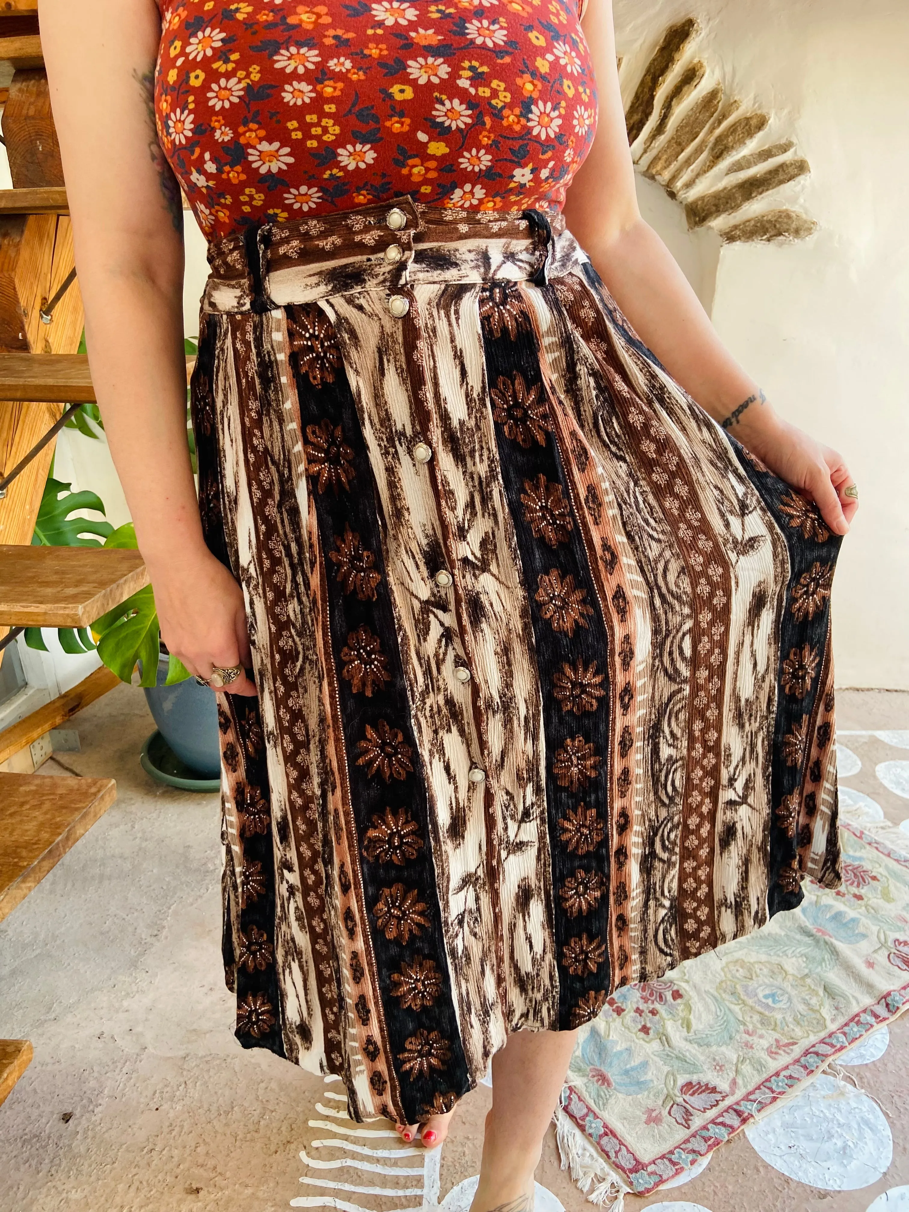 VINTAGE 90’s Brown Bohemian Pattern Midi Skirt - S/M