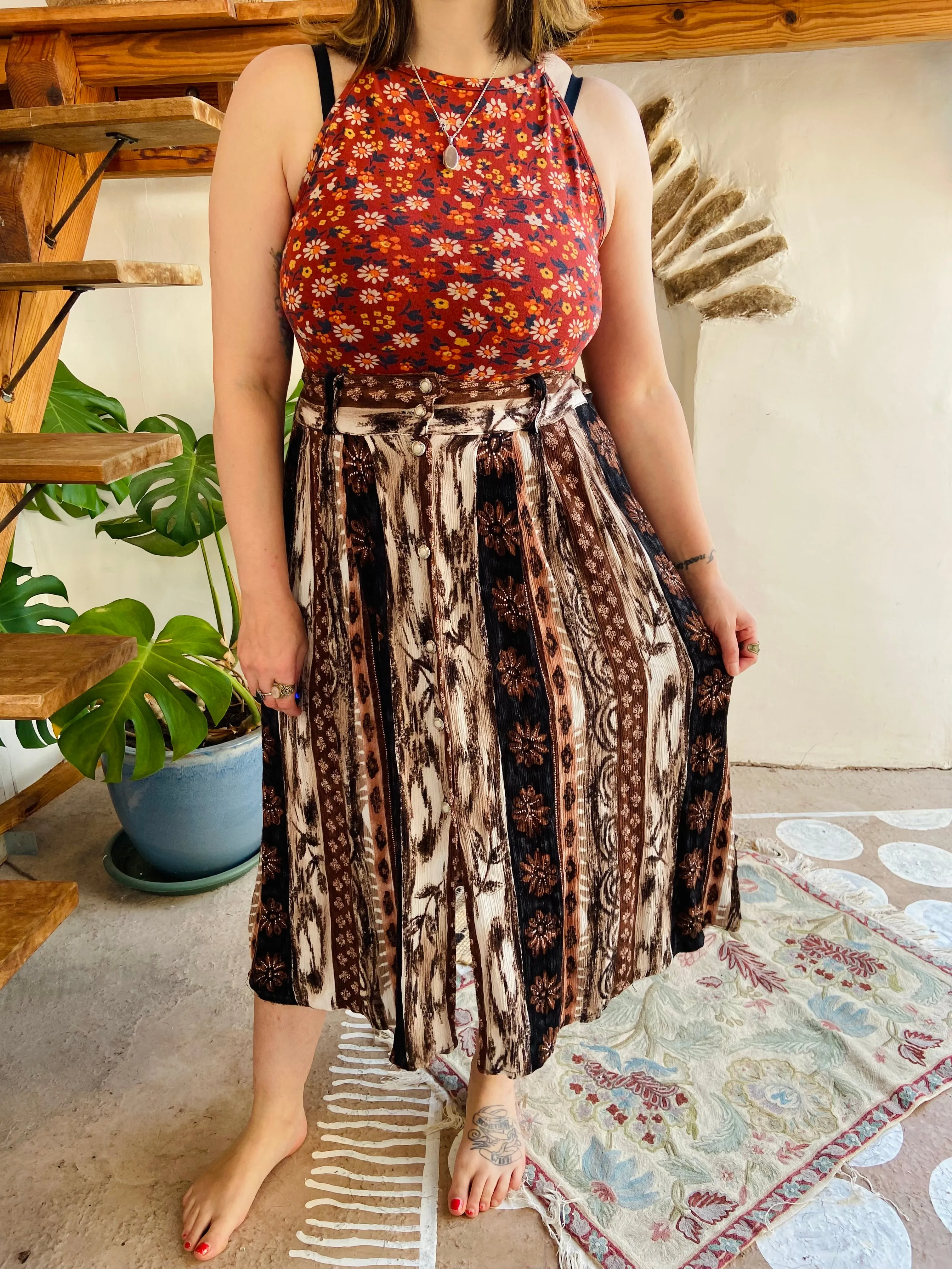 VINTAGE 90’s Brown Bohemian Pattern Midi Skirt - S/M