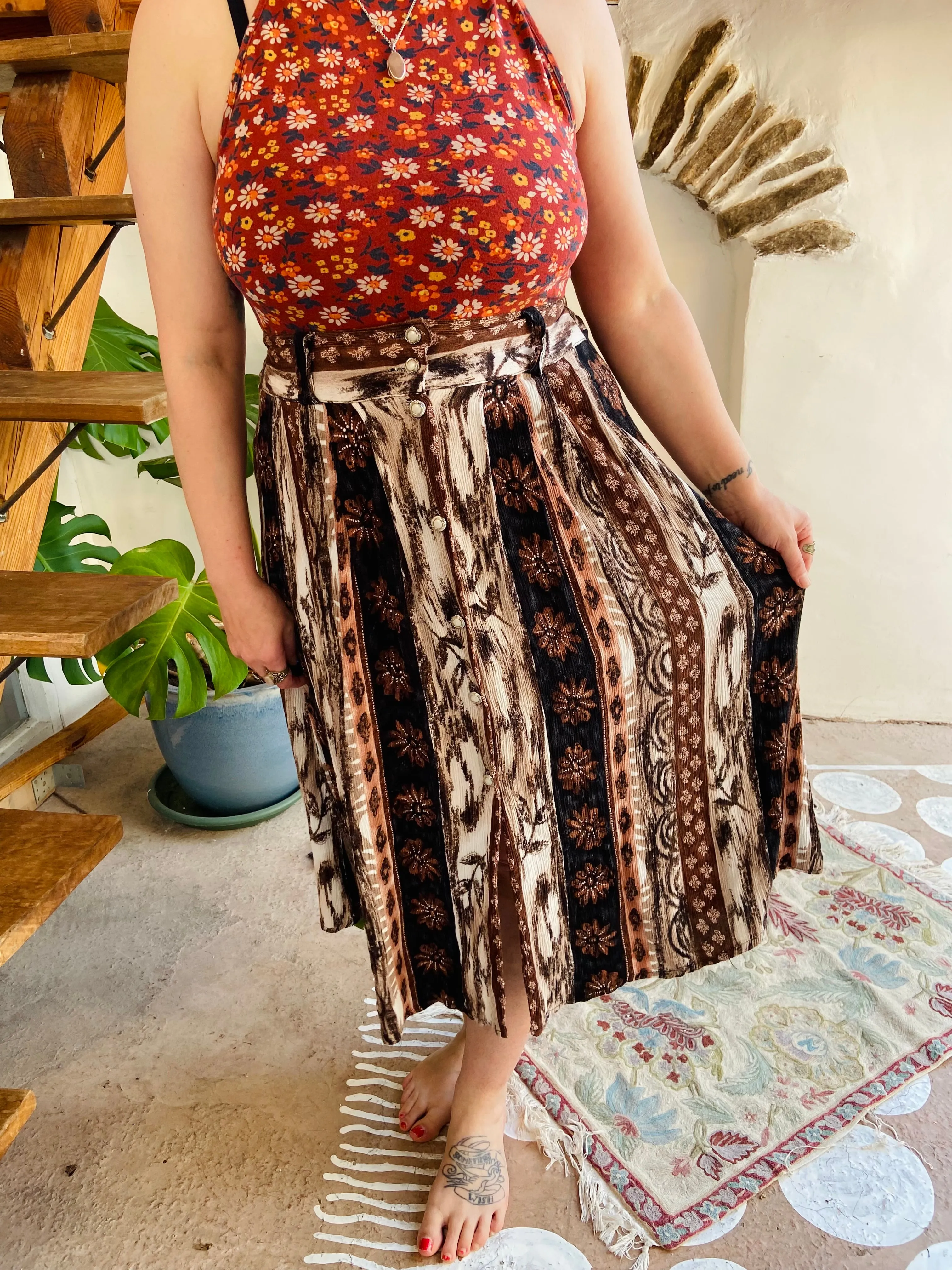 VINTAGE 90’s Brown Bohemian Pattern Midi Skirt - S/M