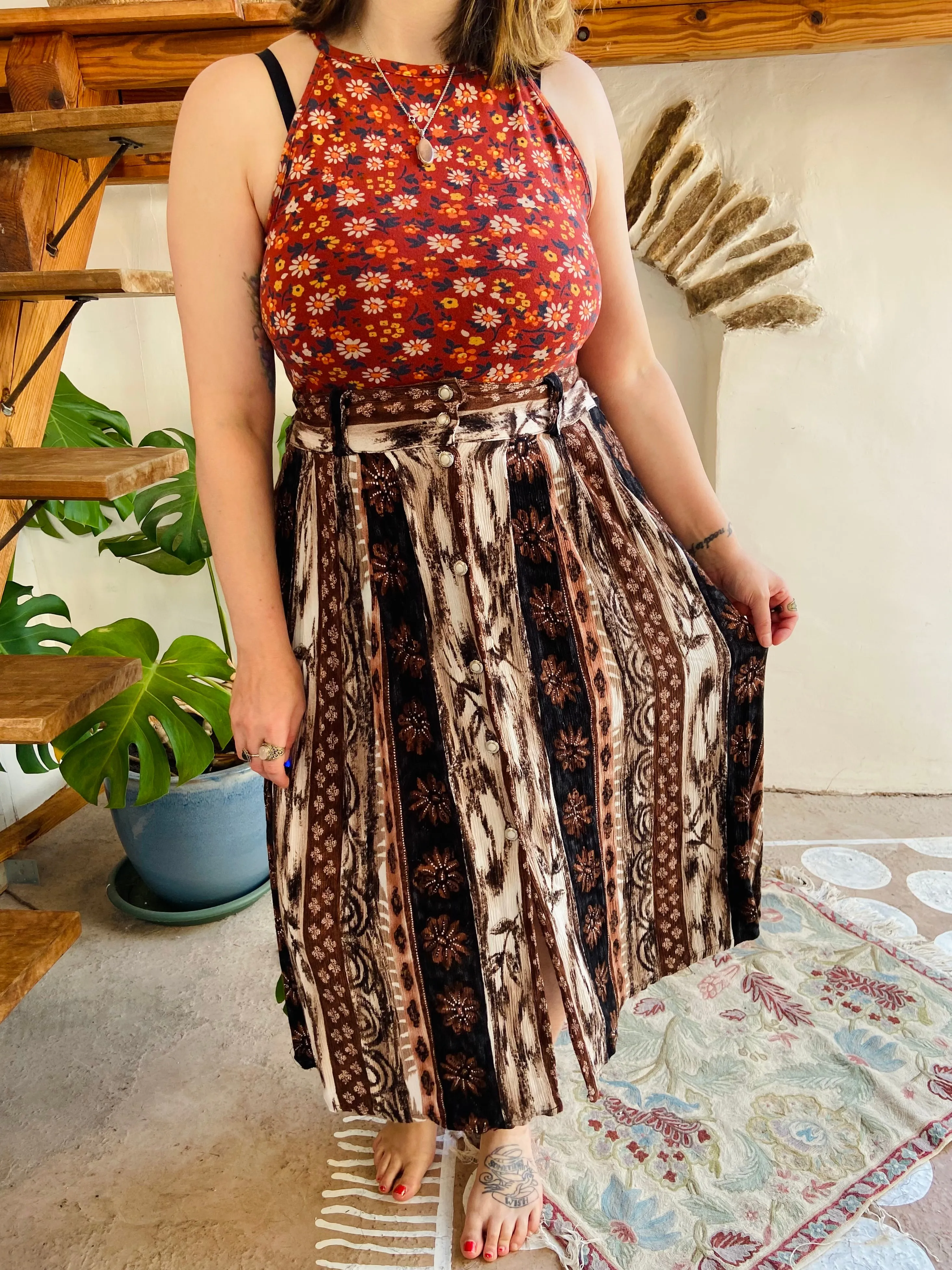 VINTAGE 90’s Brown Bohemian Pattern Midi Skirt - S/M
