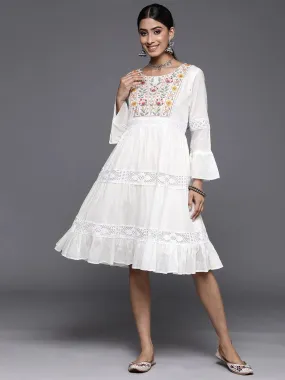 White Embroidered Cotton Fit and Flare Dress