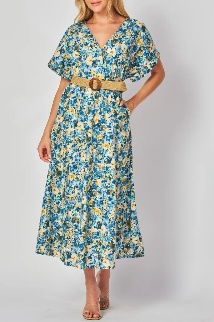 Woven Floral Print Short Sleeve V-Neck Maxi Dress with Belt